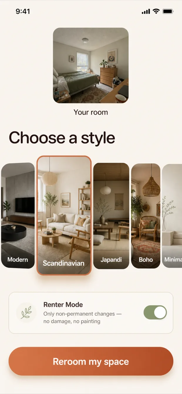 Reroom style picker with Modern, Scandinavian, Japandi and Boho options, and a Renter Mode toggle turned on.